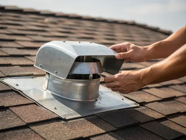 The Villages Dryer Vent Cleaning certified technician safely cleaning a roof-mounted dryer vent in The Villages