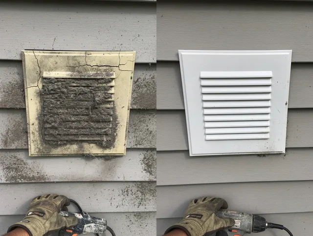 The Villages Dryer Vent Cleaning technician installing high-quality dryer vent cover at a residential property in The Villages