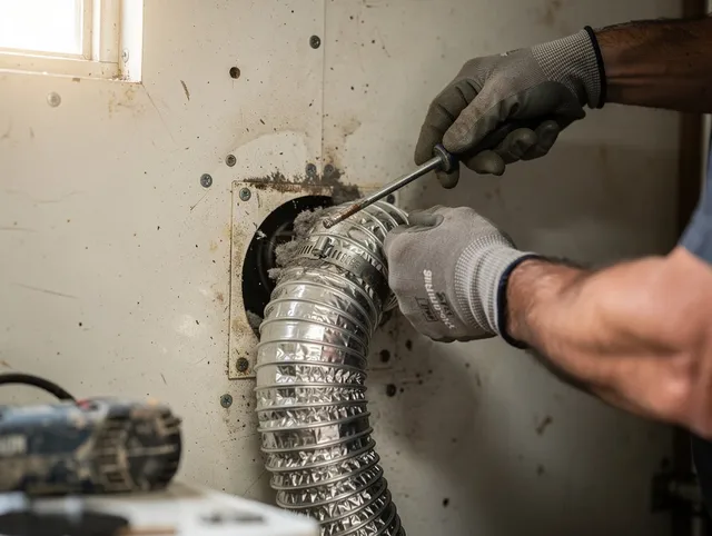 The Villages Dryer Vent Cleaning technician performing precise dryer vent hose installation in The Villages